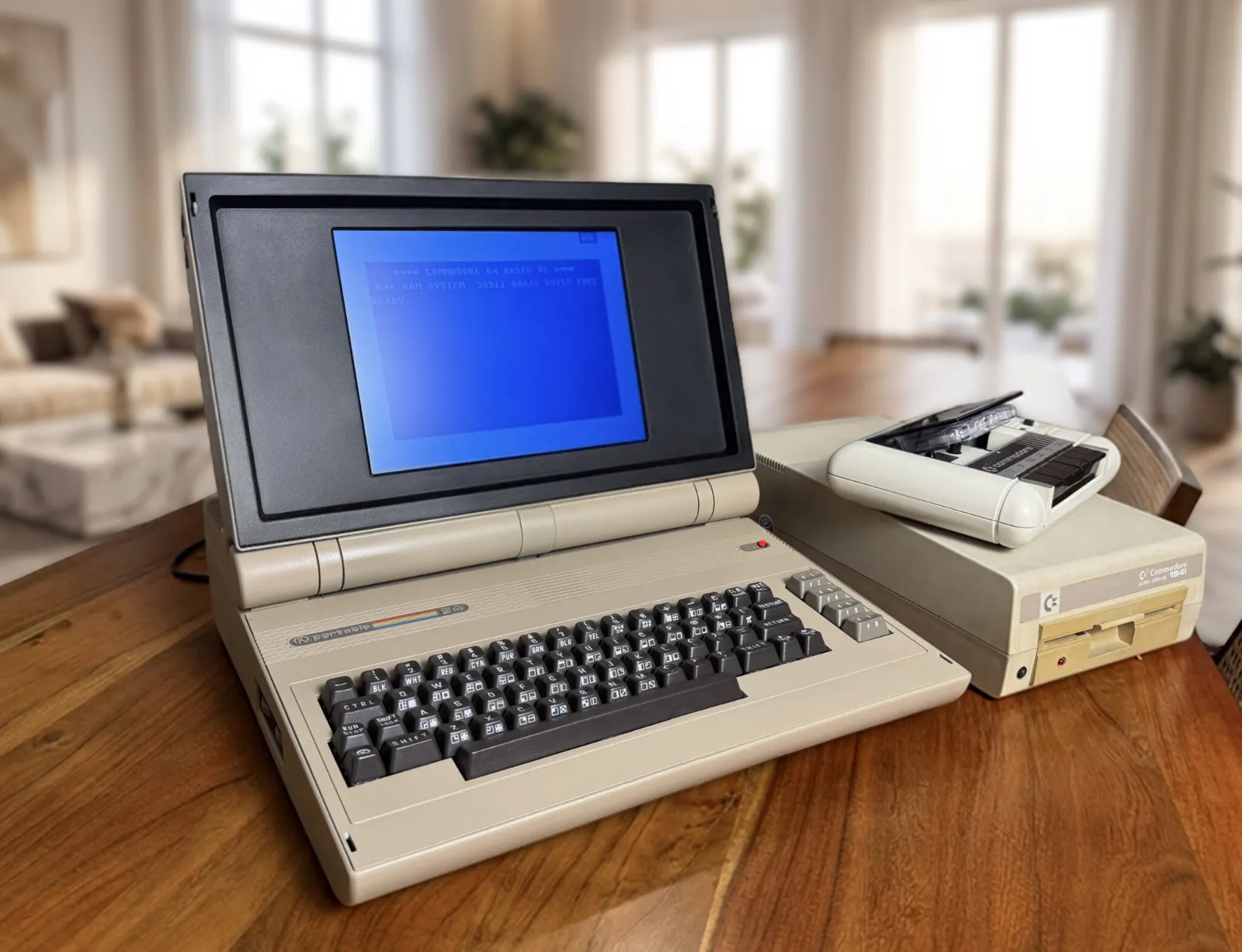 The finished Portable 64 next to a Commodore floppy drive